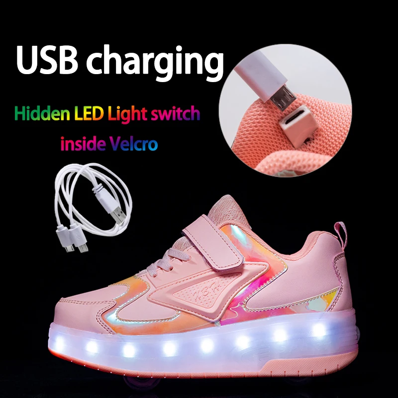 Zapatos de Skate de alta calidad para niños, zapatillas luminosas con luz LED, zapatos de dos ruedas para niños y niñas con carga USB