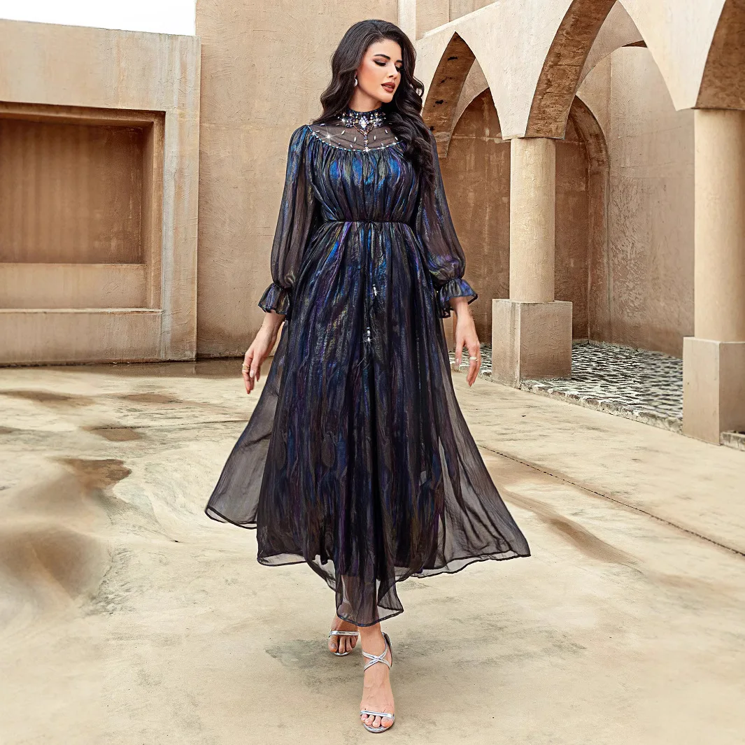 2026 Muslim New Fashion Women's Half Turtleneck Lantern Sleeve A-line Colorful Casual Trendy A-line Elegant Dress Female Clothes