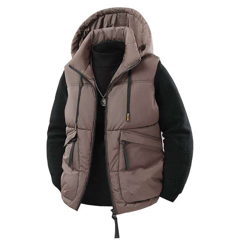 Winter Down Cotton Jacket Vest Men's Cool and Trendy Vest Men's Workwear Cotton Vest Multi-pocket Zipper Solid Color Hooded Vest