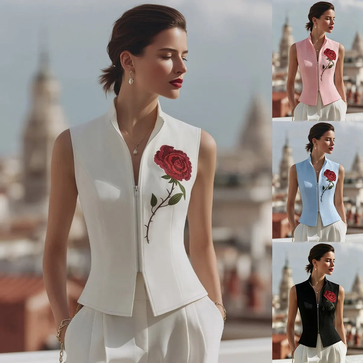 

2026 New Sleeveless Rose Embroidery Zipper Vest Dress Elegant Clothing Femme Clothes