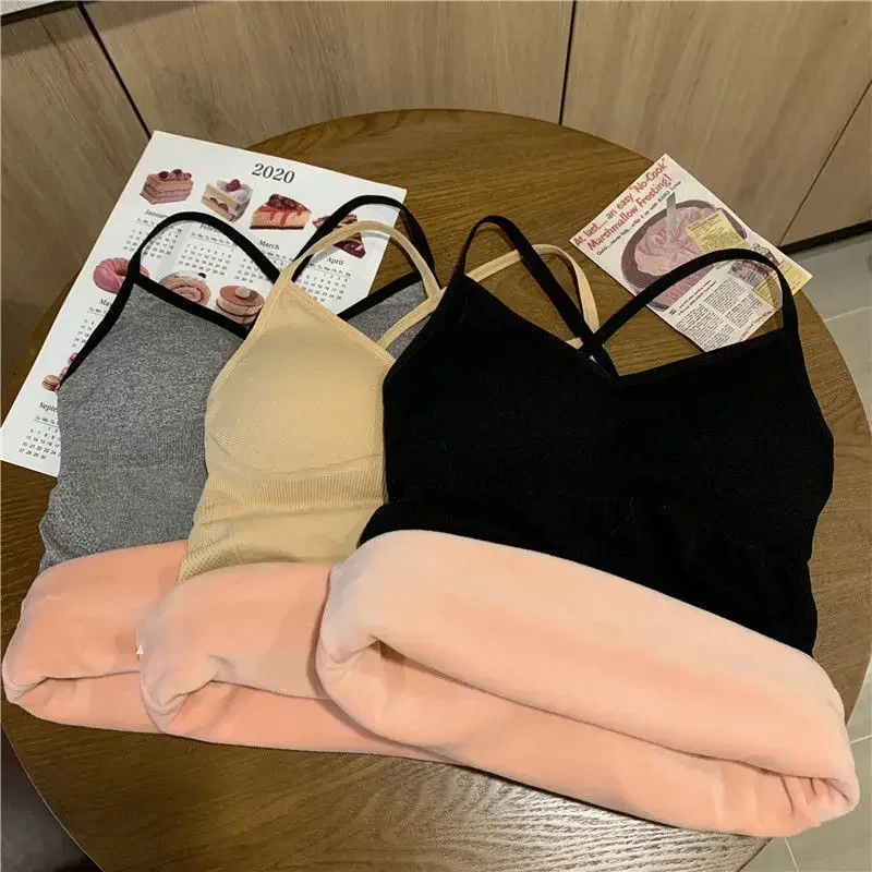 Thermal Underwear Velvet Vest Winter Women’s Simple Solid with Chest Pad Camisole Slim Warm Sling Vest Female