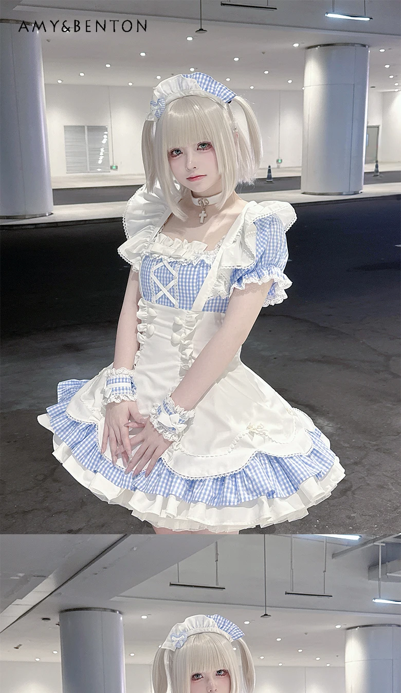 Costume de Cosplay de demoiselle d'honneur Original, Lolita, doux et mignon, à volants, manches courtes, col carré, Mini robe à carreaux, robe bouffante gothique sous-culture