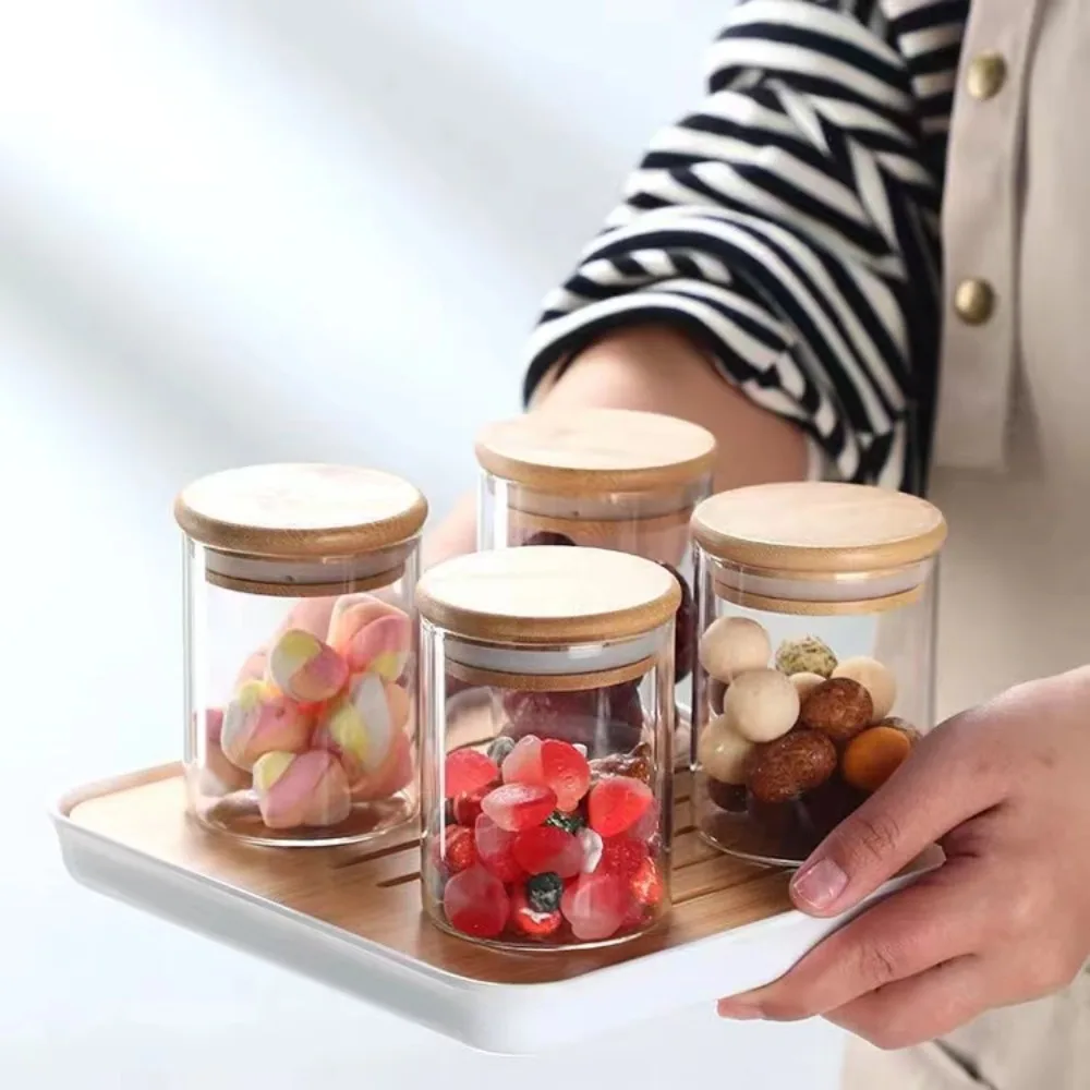 Glass Food Storage Tank with Made of bamboo Lid Kitchen Coffee Beans Candy Tea Grains Canister Home Snacks Storage