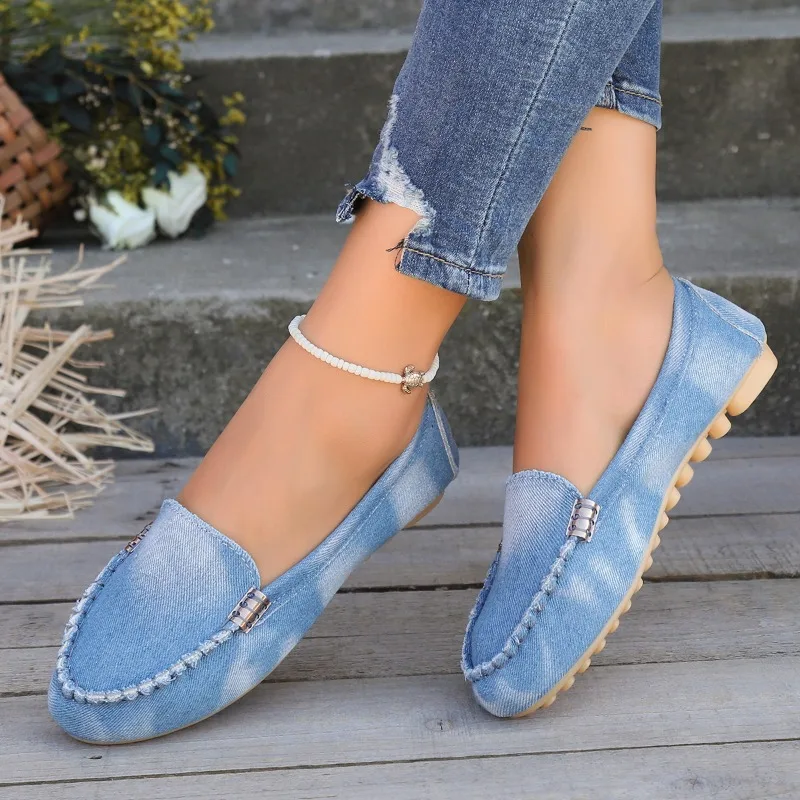 Blue Denim Women\'s Flat Shoes 2024 Autumn Anti-slip and Wear-resistant Fashionable Women Loafers Casual Versatile Lazy Shoes