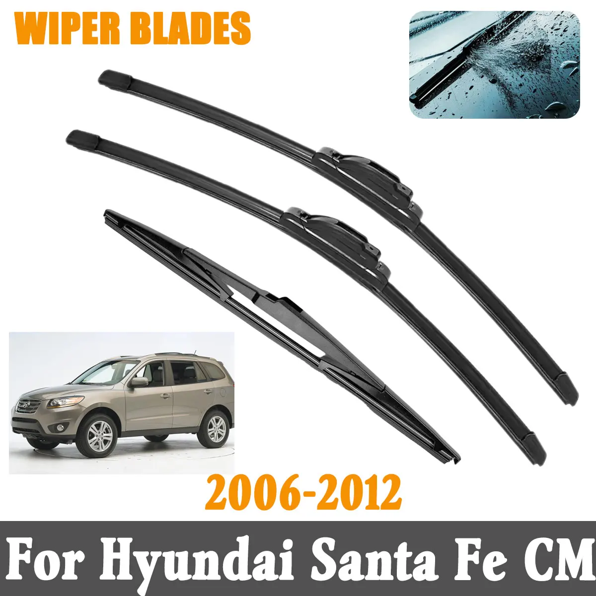 

3PCS Front Rear Wiper Blades Brushes For Hyundai Santa Fe CM 2006-2012 Accessories Window Windscreen Windshield