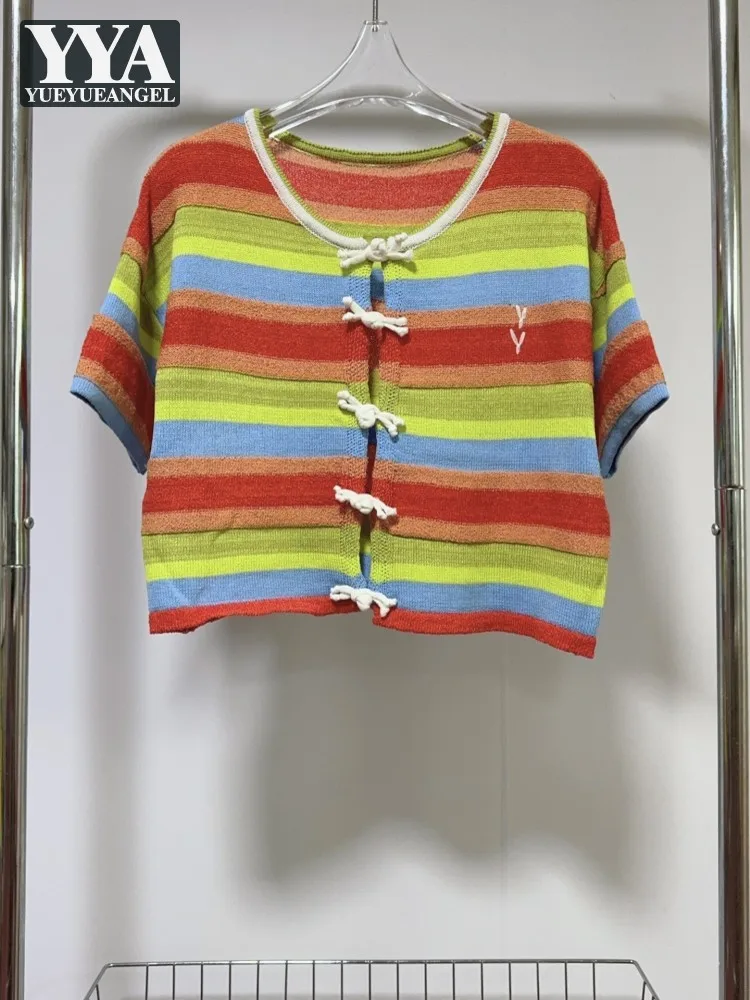 

Sweet Women Summer Rainbow Mixed Colors Striped Single Breasted Short Sleeve Knitted Casual Shirt O Neck Loose Fit Knitwear Tops