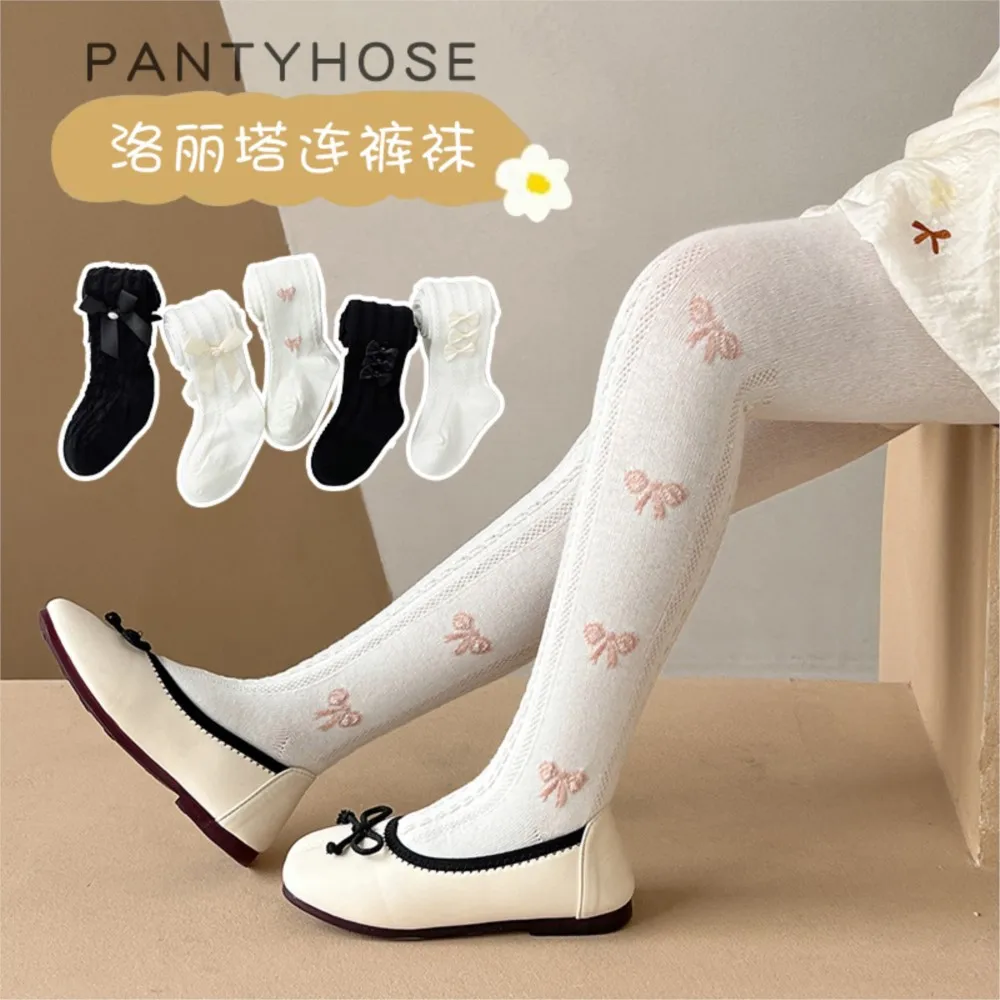 Spring and autumn new side bow children's pantyhose girls wearing leggings three butterfly baby socks for children.