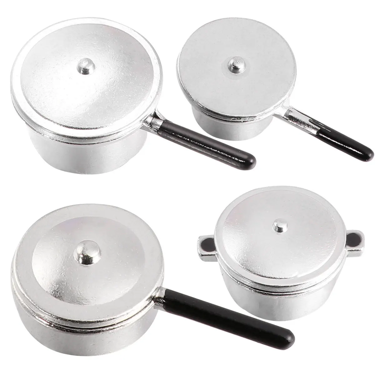 Conjunto de 4 peças de pote de prata, acessórios de casamento, adorno em miniatura, brinquedo educacional, utensílio de cozinha, quebra-cabeça de metal