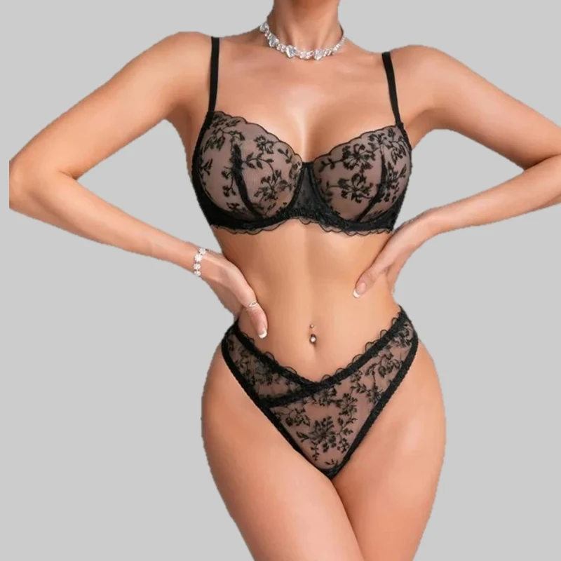 

Tornova, 2 шт., сексуальное интересное нижнее белье с цветочной вышивкой, комплект трусиков, прозрачный тонкий кружевной комплект с открытой спиной, сексуальный комплект без косточек