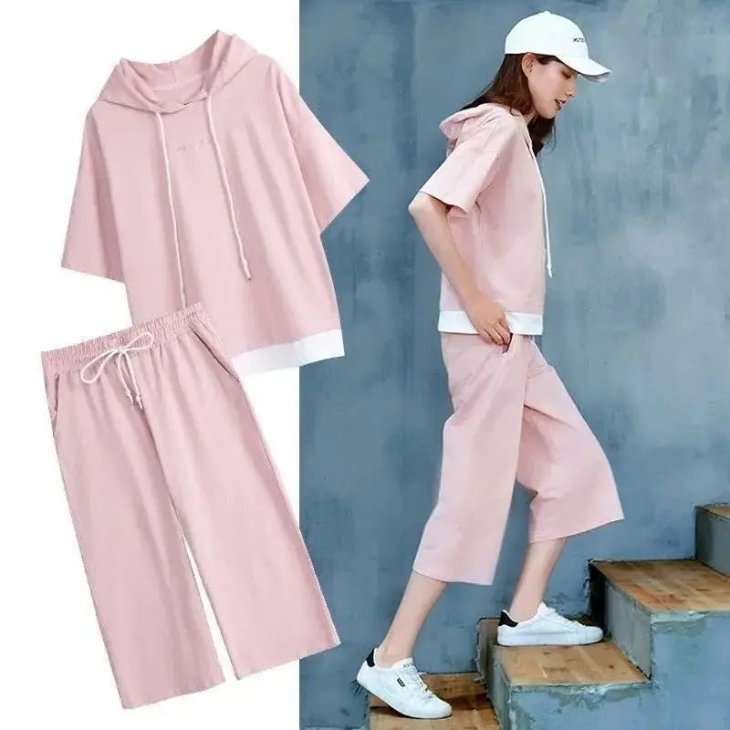 Summer New Casual Fashion Sports Suit Women's 2024 Korean Loose Student Hooded Short Sleeve Tops Wide Leg Pants 2 Two Piece Sets