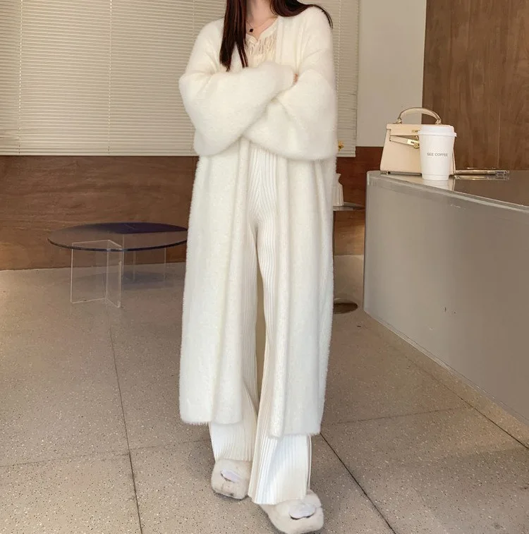 

FL white Long Cardigan for women winter clothes Knitted fluffy long sleeve Cashmere sweater coat clotkorean style warm vintage