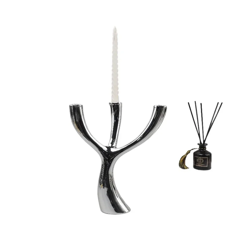 for Nordic Creative Electroplating Geometric Three Headed Resin Candlestick Ornament Restaurant Living Room Hotel Model Room