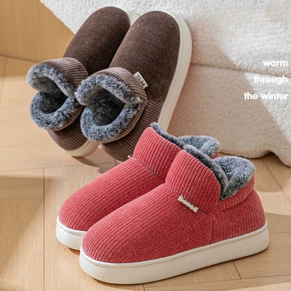 Unisex Winter Warm Cotton Slippers Thickened Anti Slip Sole Fleece Lined Closed Heel House Shoes for Indoor Bedroom Home