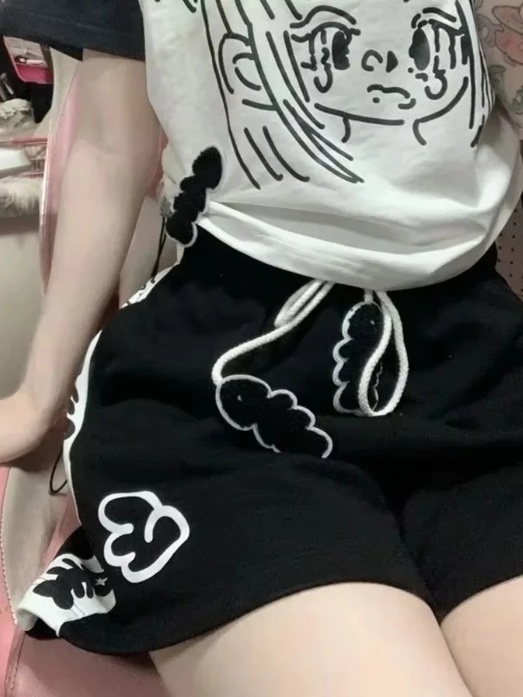 HOUZHOU Kawaii Sweet Lace Up 여성 반바지 귀여운 만화 프린트 일본식 와이드 레그 짧은 바지 헐렁한 캐주얼 젊은 여름