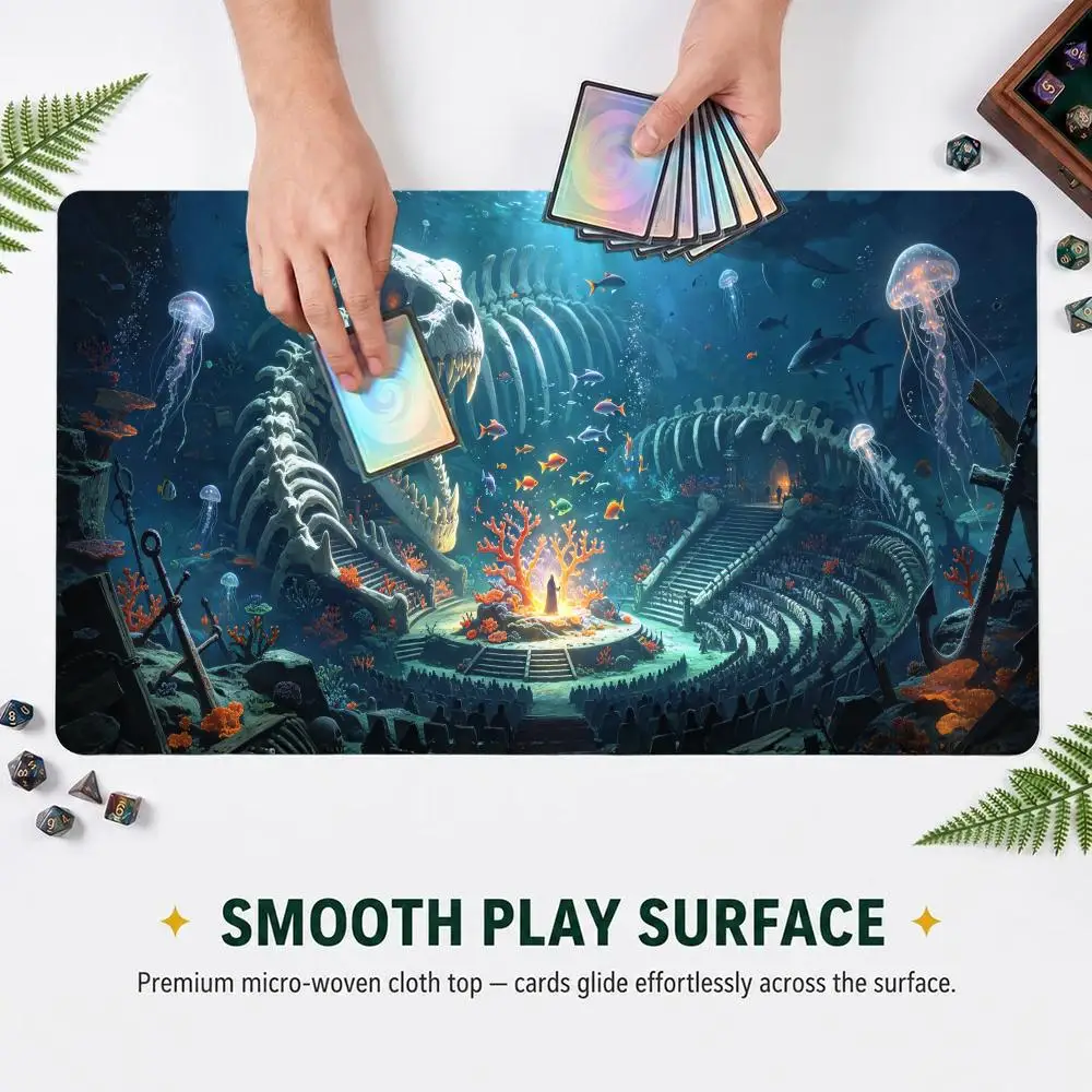 Fantasy Ocean Dino Skeleton Underwater Ruins Scene Playmat Non Slip Rubber Table Mat for Tabletop RPG Card Game Large Mousepad