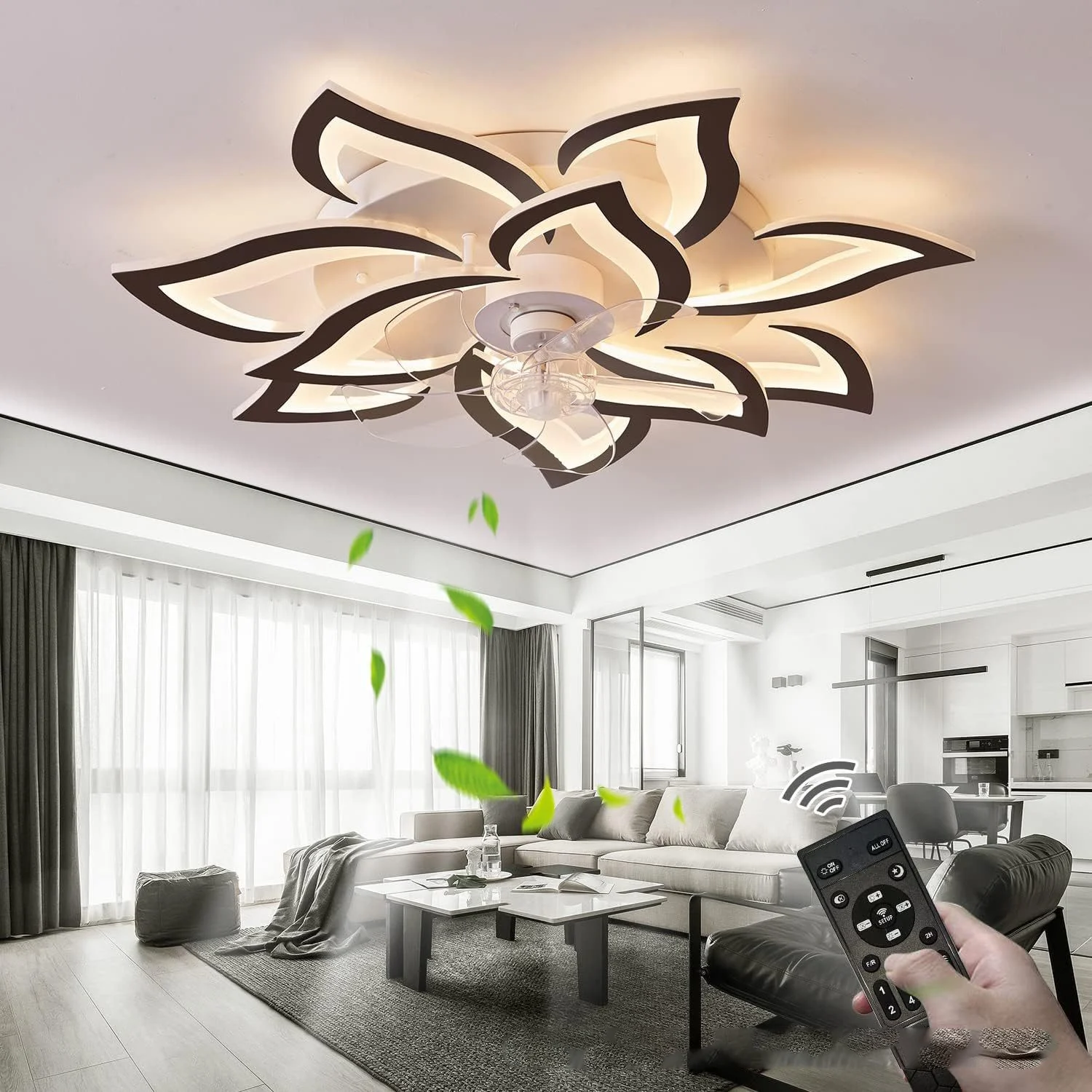 Modern Black Led Electric Ceiling fan with light flower Dimming Mute Ceiling Fan for Bedroom Dining Room study Home decorations