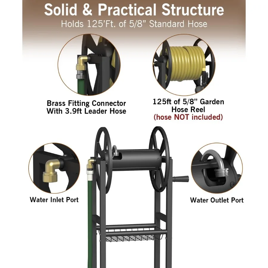 지상 설치형 정원 호스 릴, 5/8인치 호스 125피트 및 3.9피트 리더 브라스 피팅 포함, 물 호스 홀더 스탠드