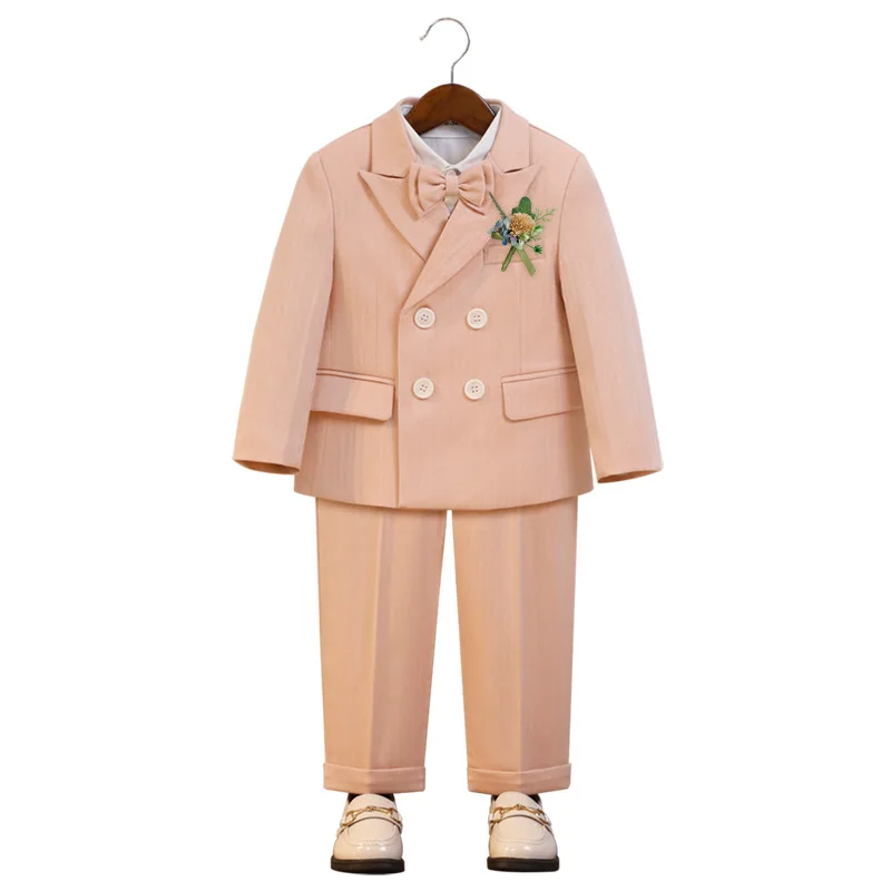 Double Breasted Boys Suit Blazer Pants Bow Tie Kids Gentleman Tuxedo Flower Boy Wedding Birthday Party Piano Performance Outfit
