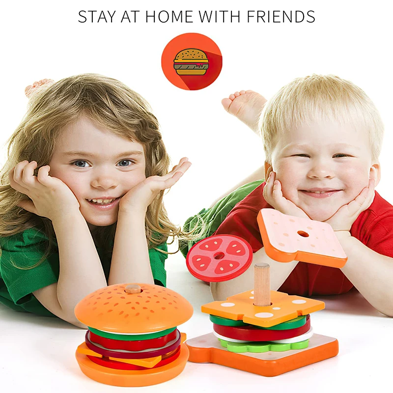 Set di panini per hamburger domestici simulati in legno per bambini con giocattolo per assemblaggio alimentare con puzzle circolare impilabile abbinato a colonna