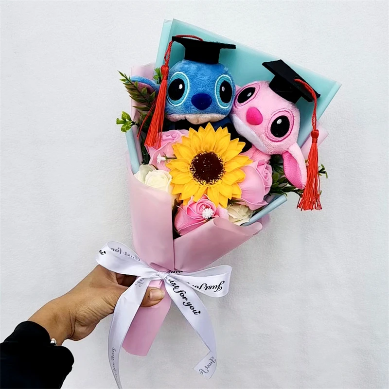 Hot Lilo & Stitch Plush Doll Toys With Soap Rose Flower Bouquet Anime Stuffed Animals Home Decoration Valentine Graduation Gift