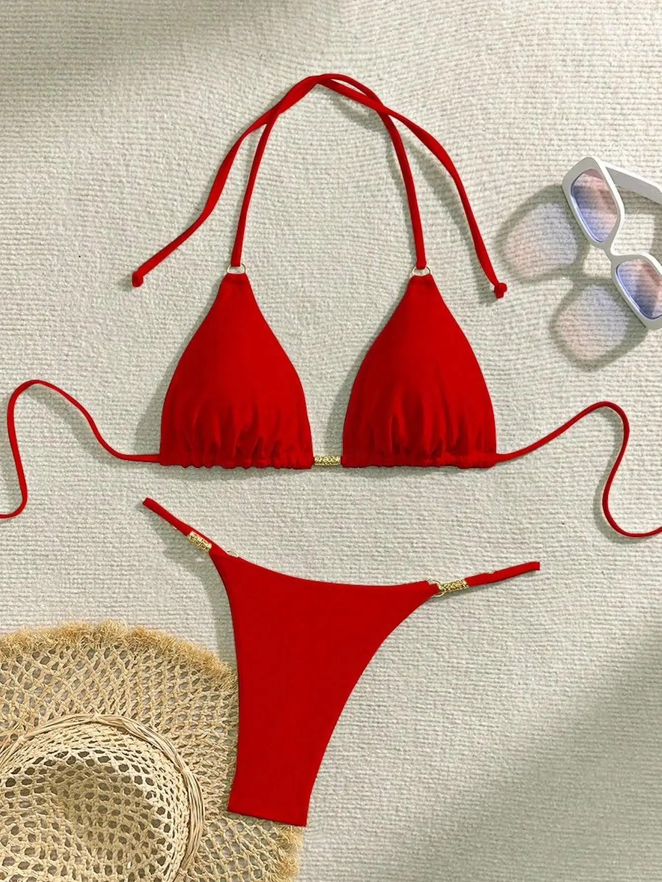 2025, elegantes Streifen-Stoff-Bikini-Set für Damen, sexy, schlicht, solide, Neckholder-Bikini-Badeanzug, hohe Taille, Schnürung, Strand-Badeanzug, Neu