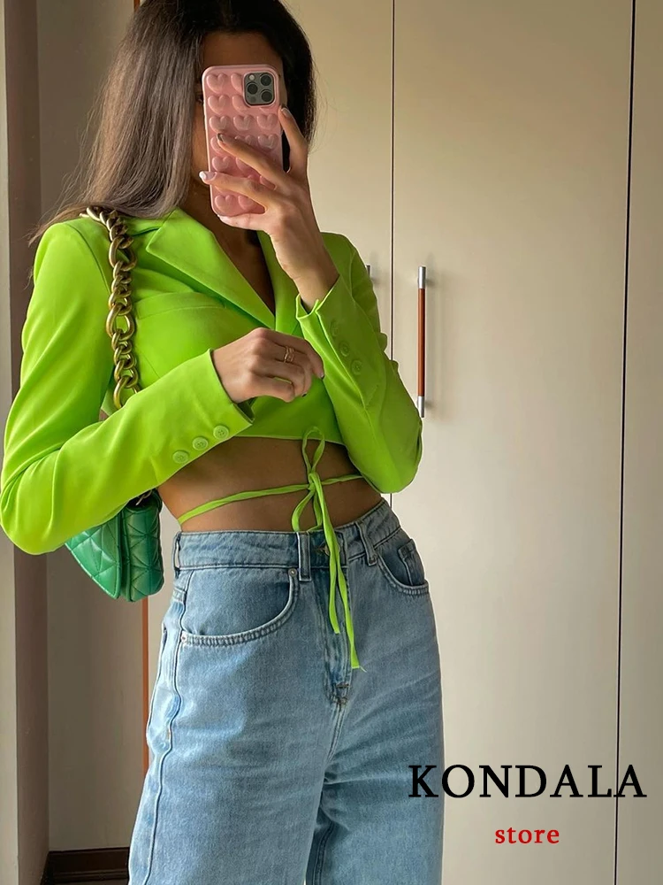 KONDALA Y2K Streetwear Solid Green Short Blazers Girls Deep V Neck Lace Up Sexy Jackets Female Elegant Mujer Tops