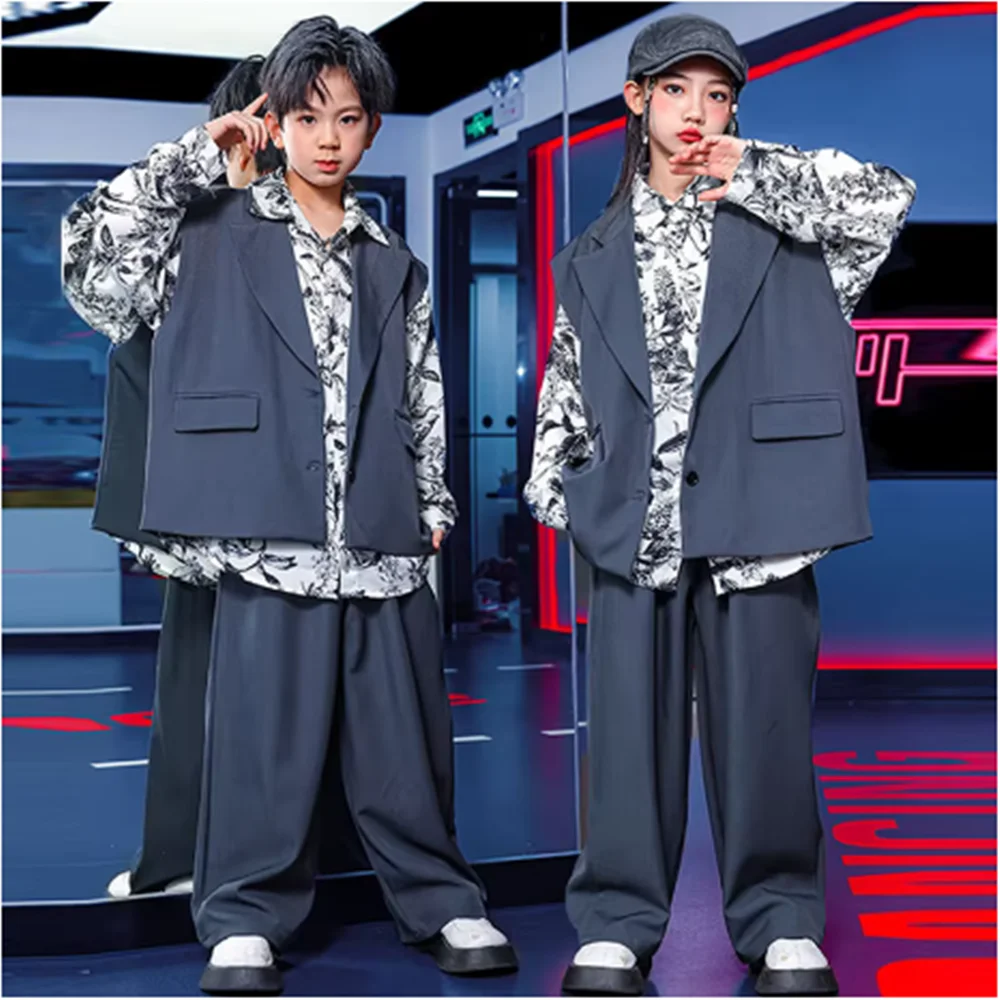 Boys Girls Jazz Dance Kpop Stage Outfit Kid Street Dance Clothing Hip Hop Oversize Shirt Grey Sleeveless Suit Shuffle Pants  YJ7