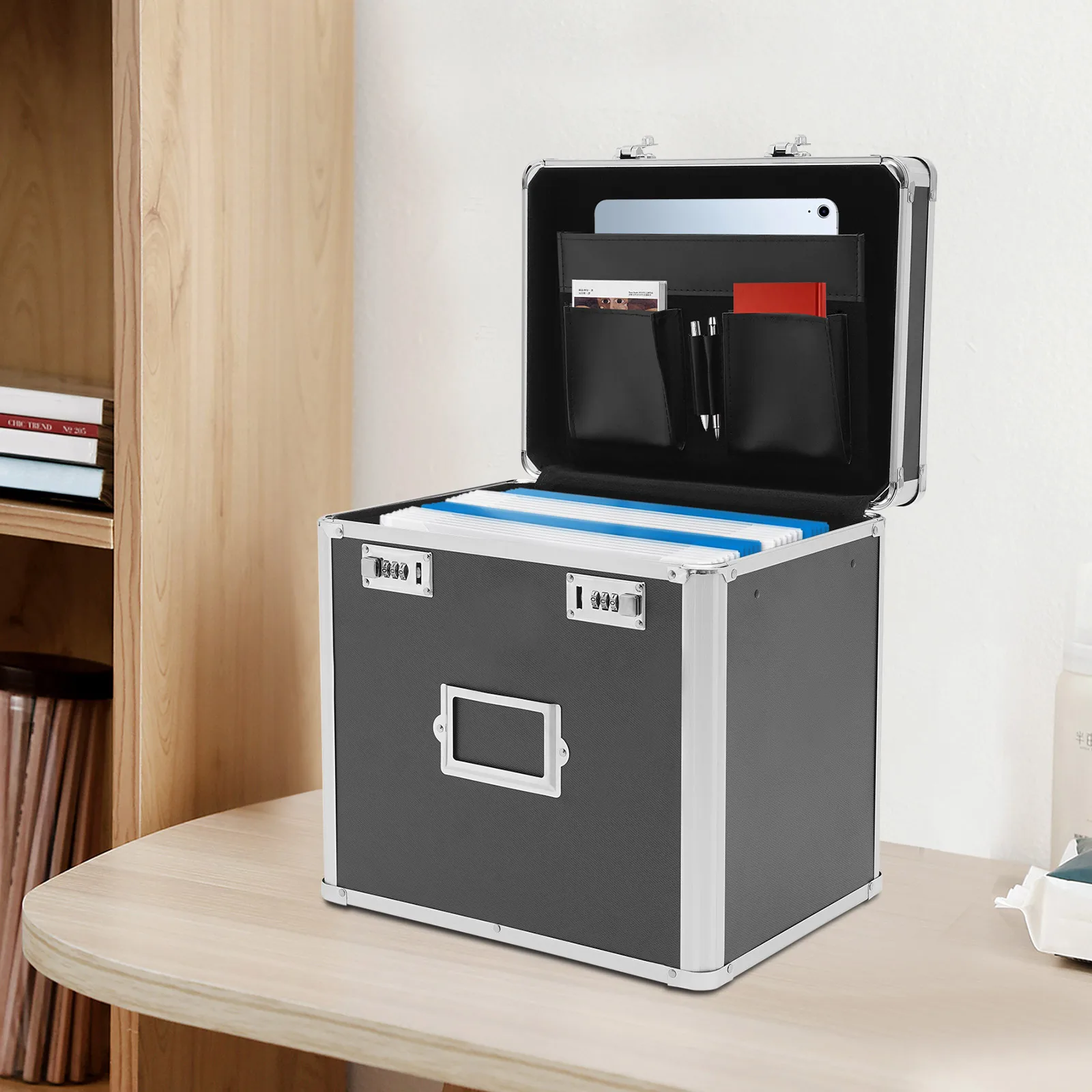 

Черный алюминиевый сплав 13,8x10x13,4 дюйма Портативная коробка для файлов Коробка для хранения файлов с паролем