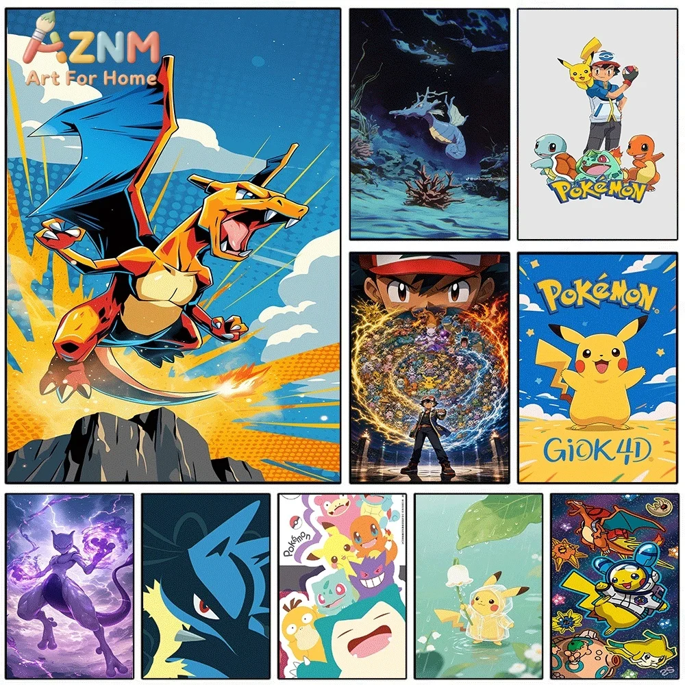 AZNM Charizard Fire Burst Comic Style Anime Canvas Wall Print, Game Character Art Poster, Unframed Canvas Painting for Kids Be
