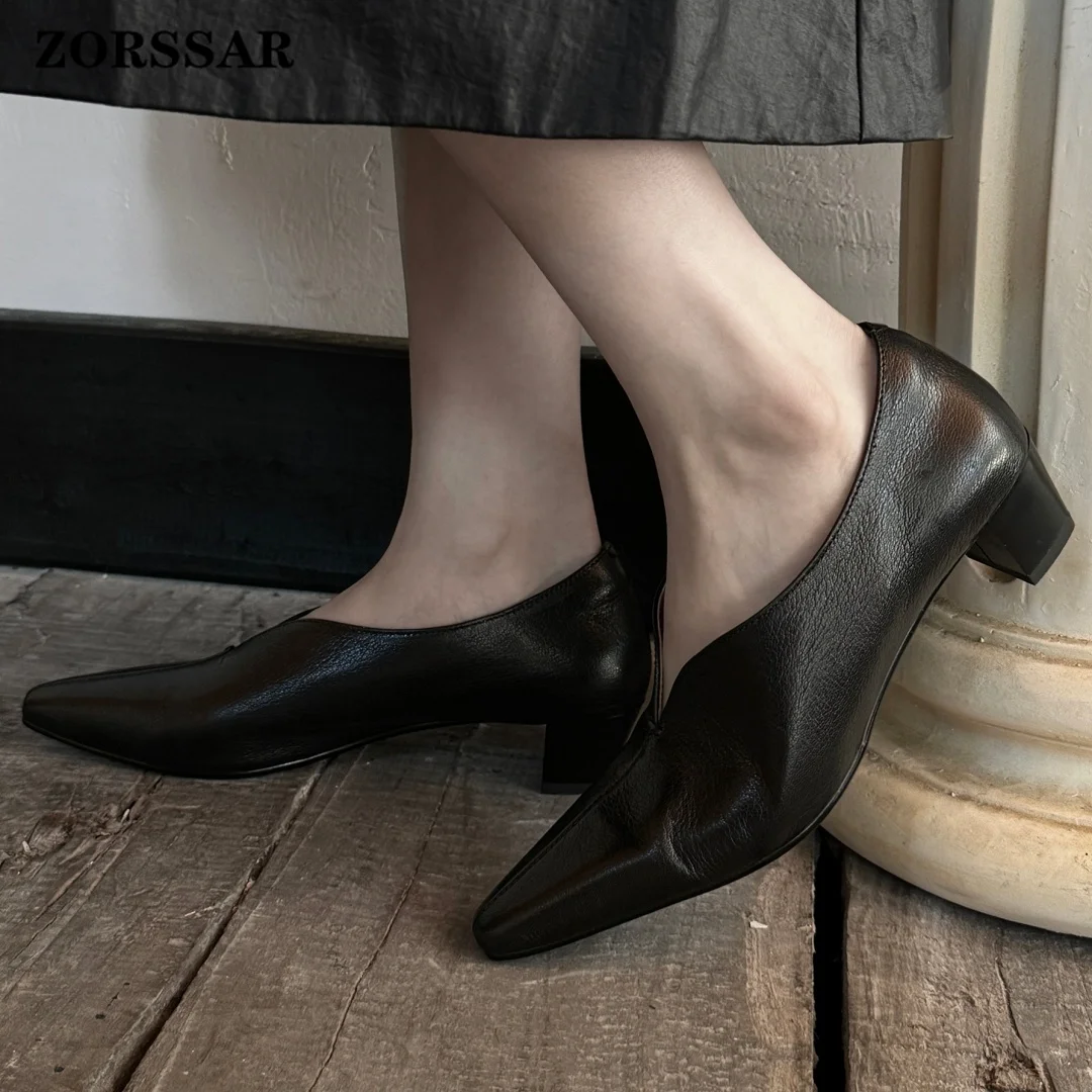 2026 Spring Women's Sheepskin 4cm Thick Med Heel Slip-on Pumps Elegant Ladies OL Style Daily Slim Dress Heeled Shoes for Woman