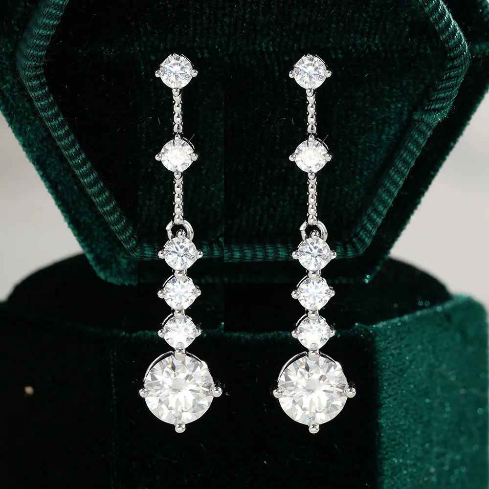 925 Sterling Silver Moissanite Long Drop Earrings Sparkling Graduated Dangle Earrings Bridal Wedding Jewelry