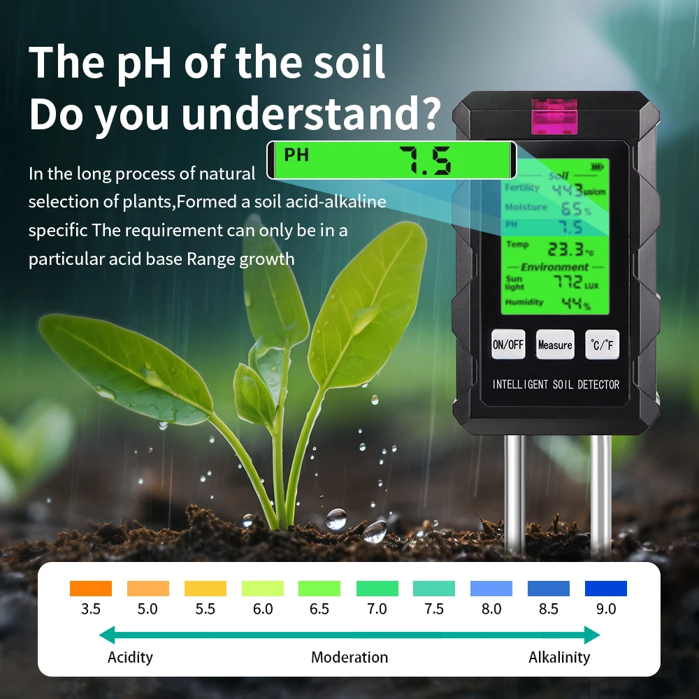 6 in 1 Soil Detector Soil Tester pH Temperature Humidity Sunlight Air Moisture Nutrient Fertility Meter Gardening Tool