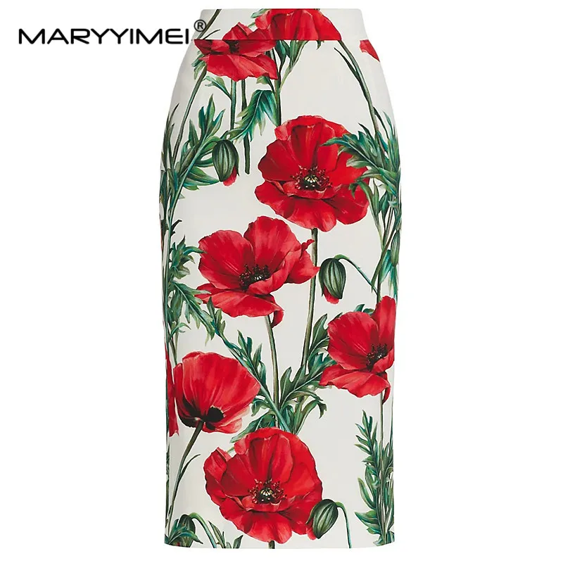 MARYYIMEI Fashion Designer Suit Summer Women\'s Spaghetti Strap Square Collar Carnation Print Top+Skirt 2 Pieces Set