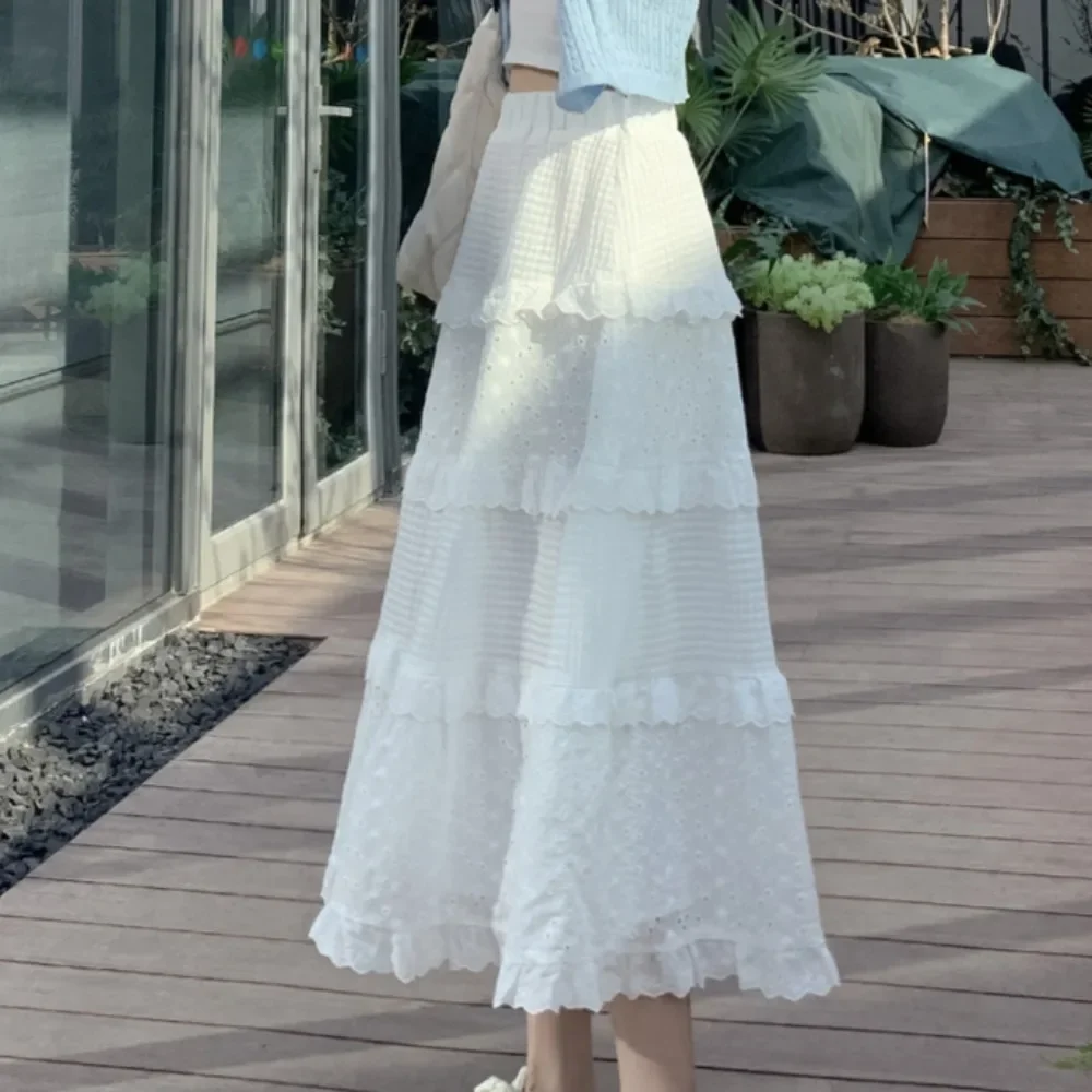 Women Skits Pure Hollow Out Aesthetic Charming A-line Ulzzang Summer Girlish Fashion Tender Ins Lace Youthful Flowing Versatile