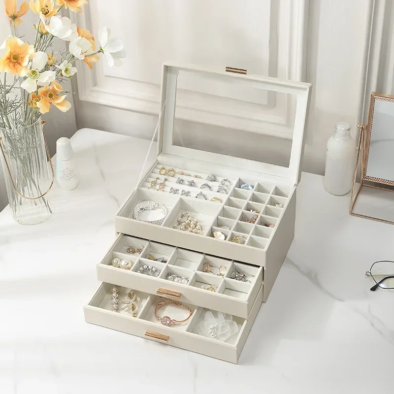 PU window three layer jewelry box necklace earrings jewelry box ins minimalist desktop jewelry storage box