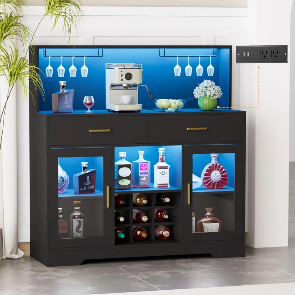 Wine Bar Cabinet with LED Light, Kitchen Coffee Bar Cabinet with Power Outlet, Home Liquor Cabinets with Glass Holder and Wine R