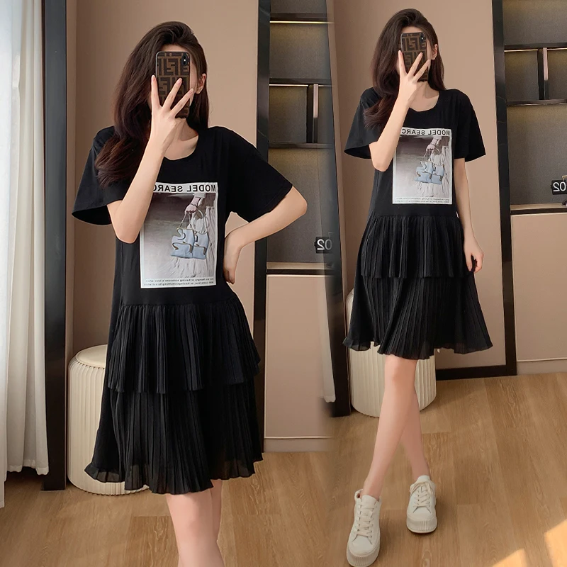 Frauen Baumwolle T-Shirt Kleid Sommer weiblich o Hals Kurzarm groß elegant eine Linie Chiffon falte schwarz knielange Vestidos