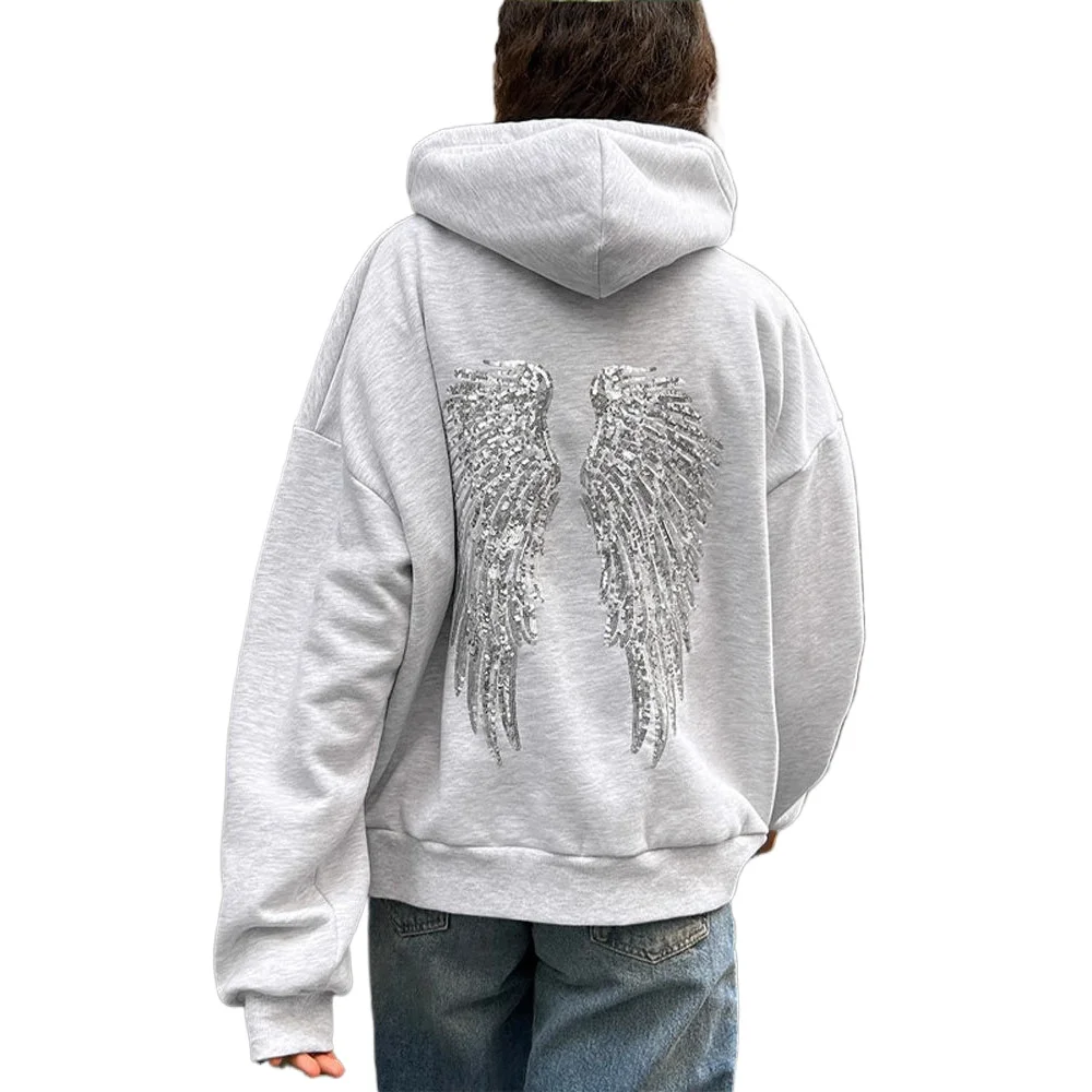 

Fashion Wings Beads Sweathirts Women Oversized Hoodies Fleece Lining Sequined Casual Pullover Top Y2K Clothes Lady Outfits 2026