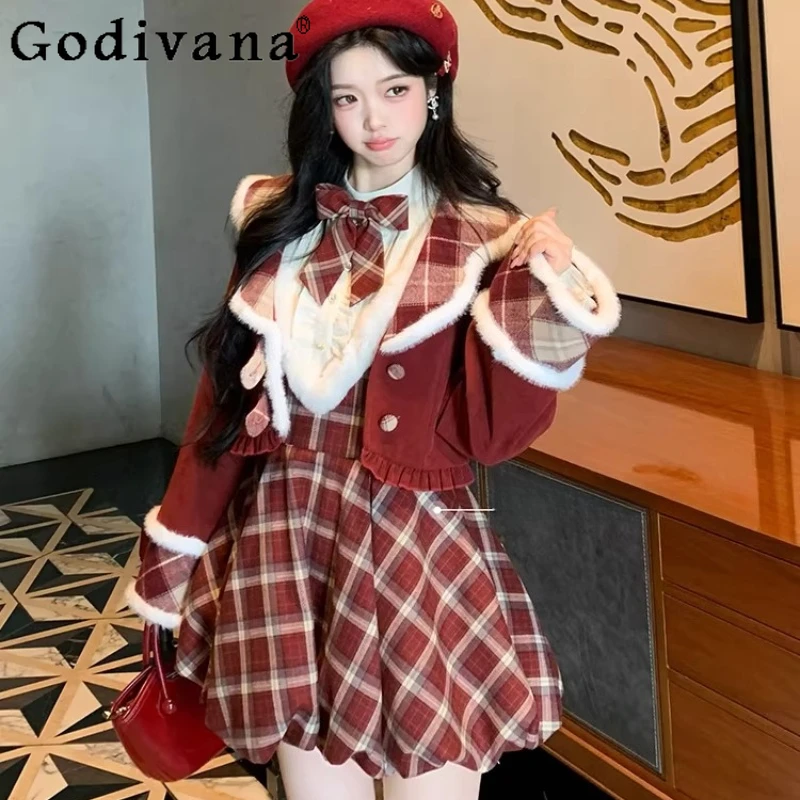 

New Year Sweet Lolita Plaid Long Sleeve Dress Coat 2-Piece Set Spring Women's Slim Fit Bow Short Dress Japanese Korean Dress Set