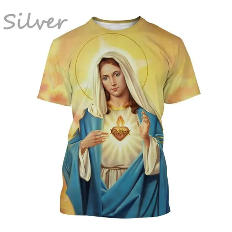 Virgin Mary T Shirt Goddess of Mercy 3D Print T-Shirt Christian Blessed Jesus God Tee Shirts Womens Clothing Unisex Short Sleeve