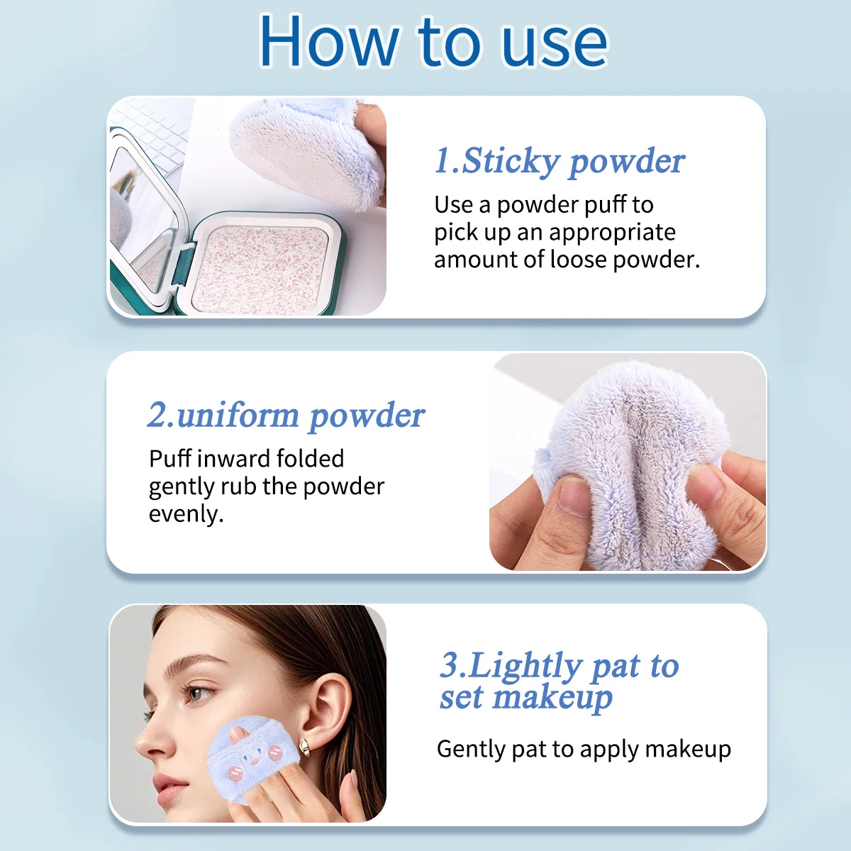 1PC blue makeup velvet puff+storage box, suitable for loose powder, powder products, portable storage box for easy storage