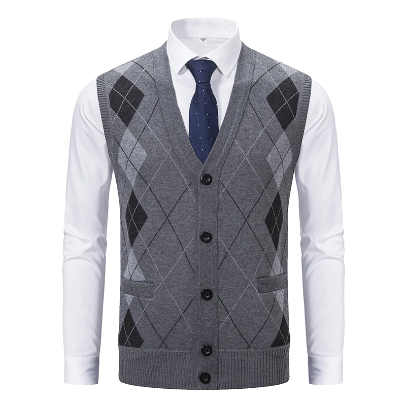 Spring Autumn Male Vest Sleeveless Sweater Fleece Warm  Knitted Jackets Checkered Business Casual Button Up Coat Men\'s Clothing