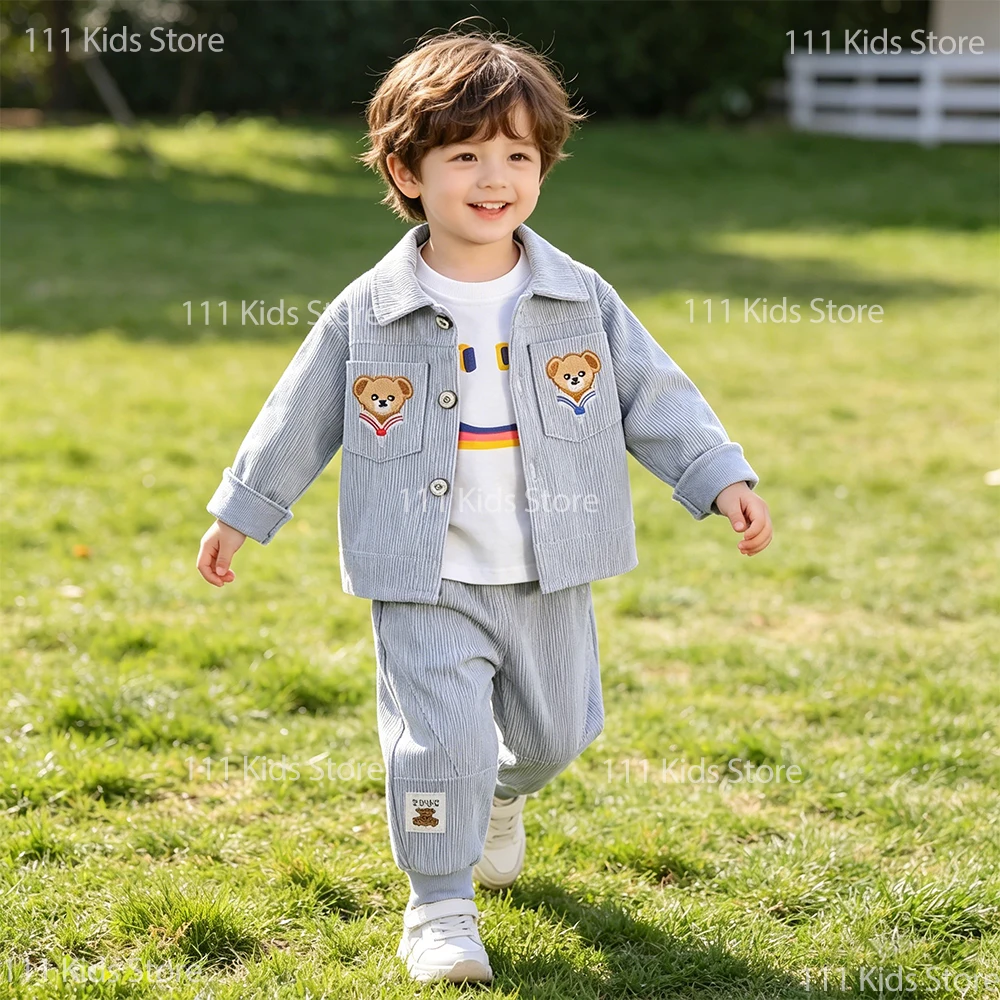 Babykleidung Jacke und Hose 2-teiliges Set für Kinder Niedliches Bären-Stickerei-Kostüm Lässiger Outdoor-Anzug Koreanischer Stil Jungen-Outfit