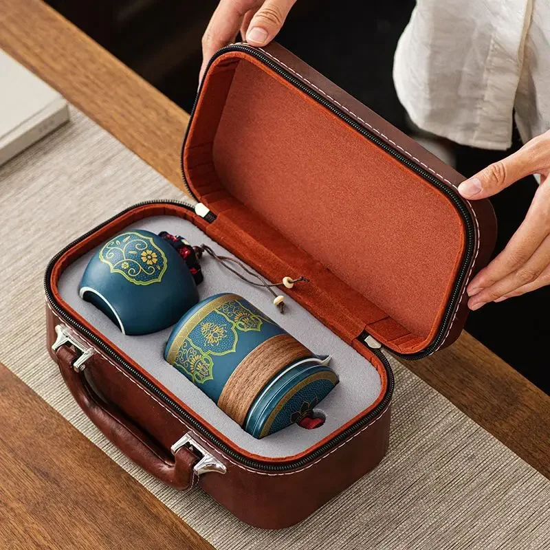 Travel Tea Set Portable Kung Fu Tea Set Ceramic Teapot Tea Canister Tea Cup Outdoor Quick Cup Tea Canister Leather Bag Packing