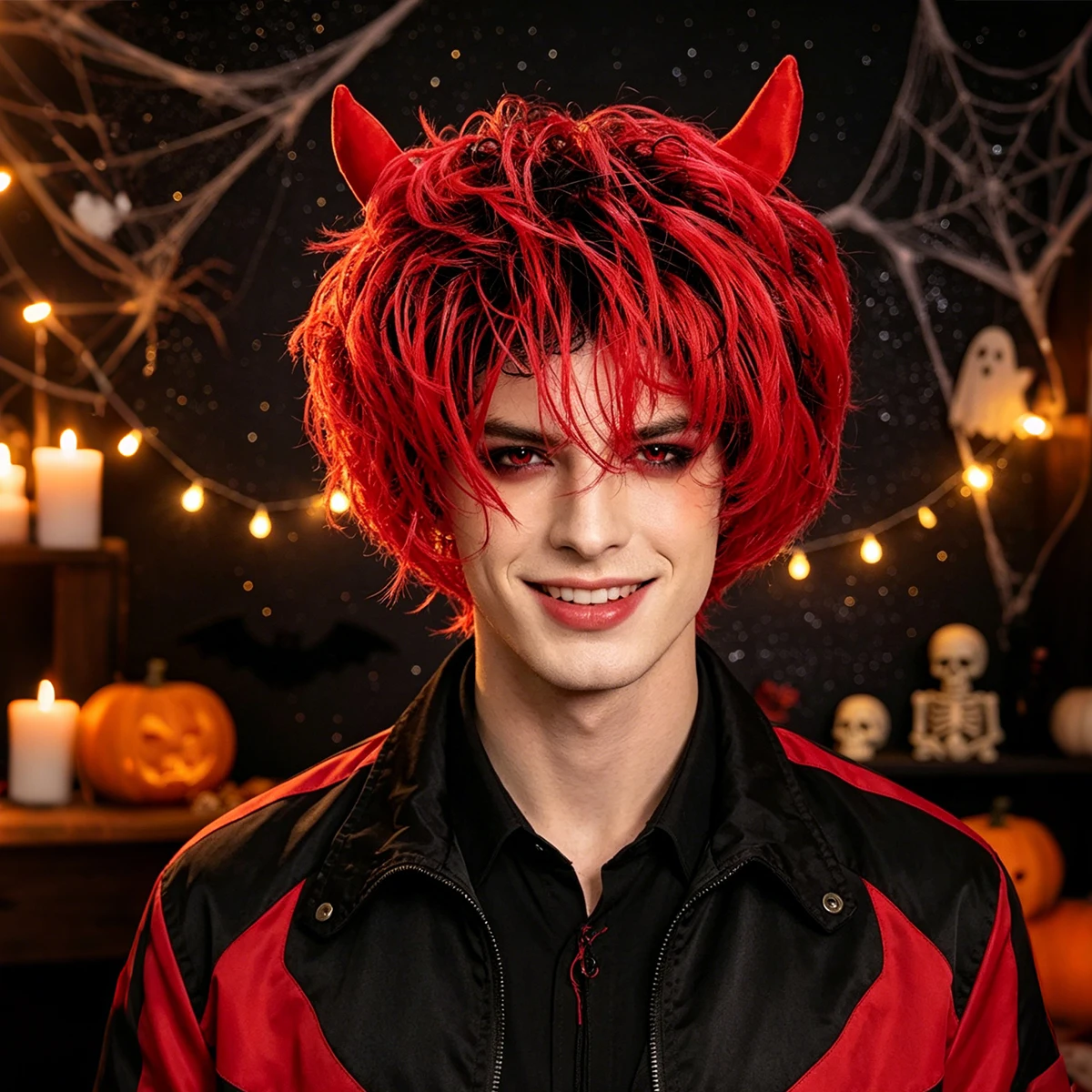 Red Devil Horn Short Messy Wig Black Roots Synthetic Spiky Curly Full Wig Halloween Cosplay Carnival Costume Party Headwear