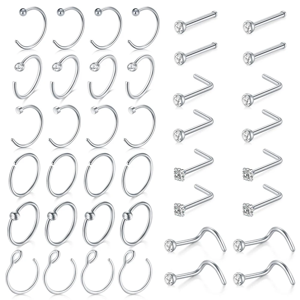 40pcs/1pcs 20G Hoop Nose Ring Surgical Stainless Steel Lip Studs Screw L Shaped Piercing Jewelry for Women and Man Silver