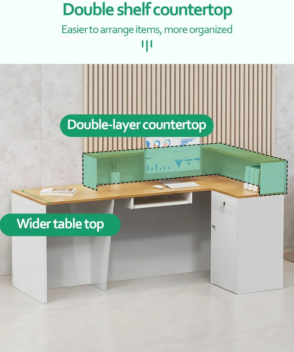 Reception Desk, Solid Wood Front Desk with Counter & Lockable Drawers, Retail Checkout Customer 2 Person Secretary Desk