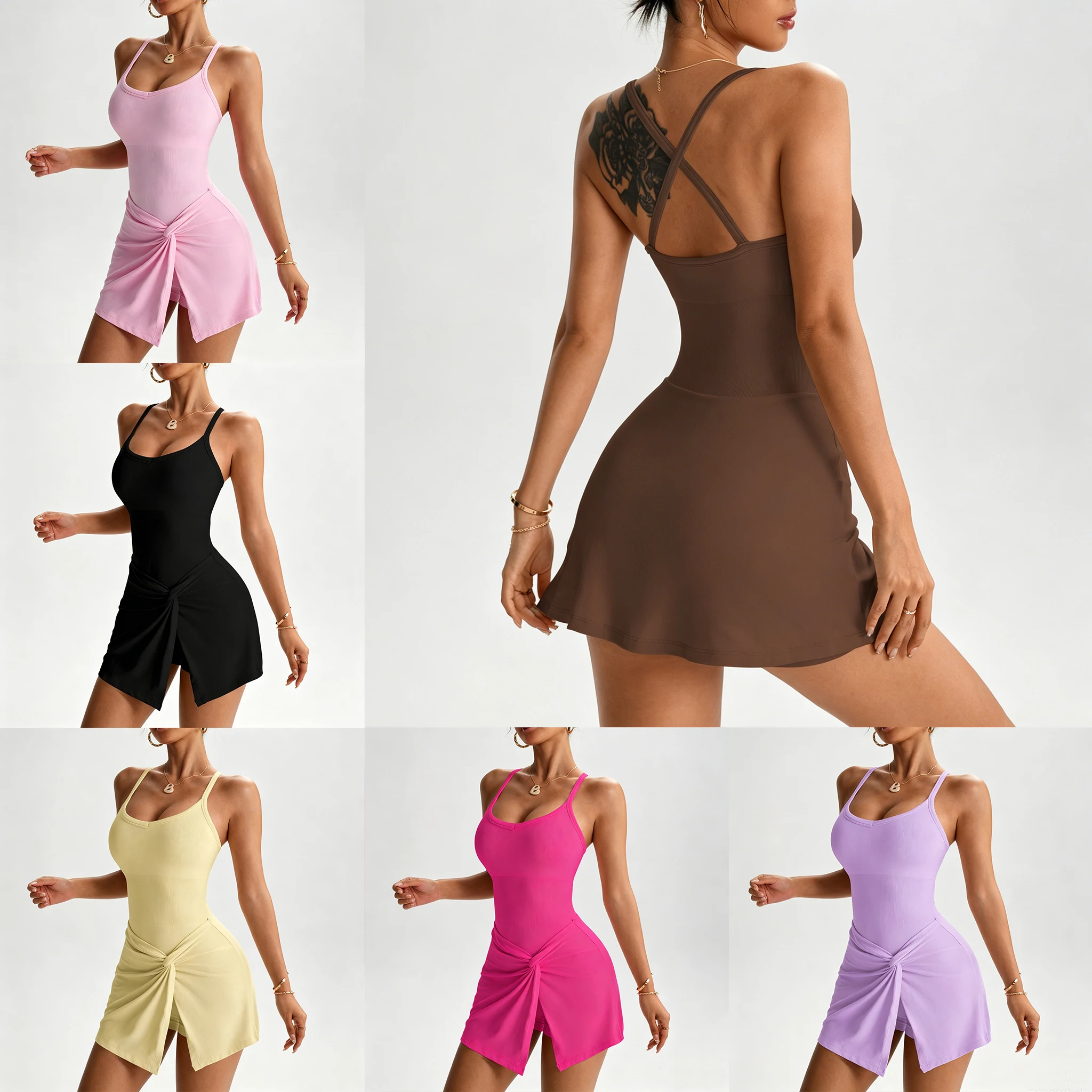 S-L Hollow Out Women Tennis Dress Lace Up Polyester Yoga Fitness Dress Buit-in Short Sleeveless Workout Romper Dress Gym Workout view 2