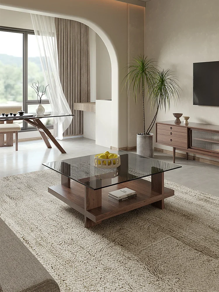 

Quiet wind tempered glass living room household solid wood rectangular luxury simple small coffee table.
