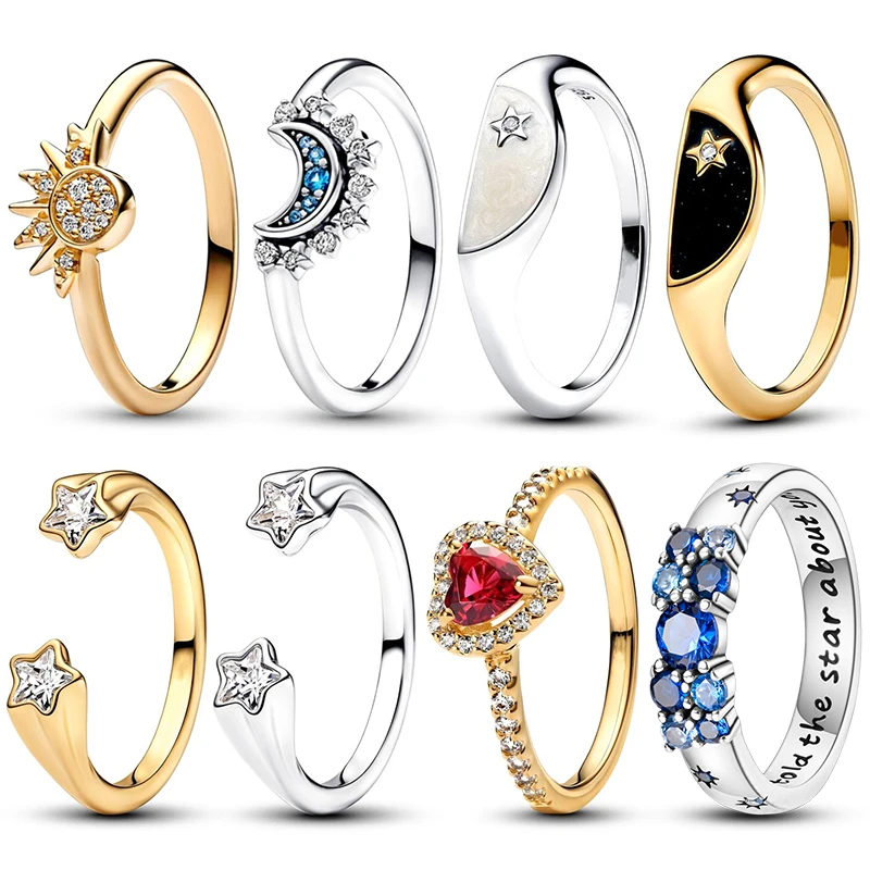 Anillos Originales de Plata 925 con Diseño de Sol, Estrellas y Luna, Gran Venta 2026, para Mujer, Joyería Fina de Lujo, Anillos de Zirconia en Forma de Corazón, Regalos